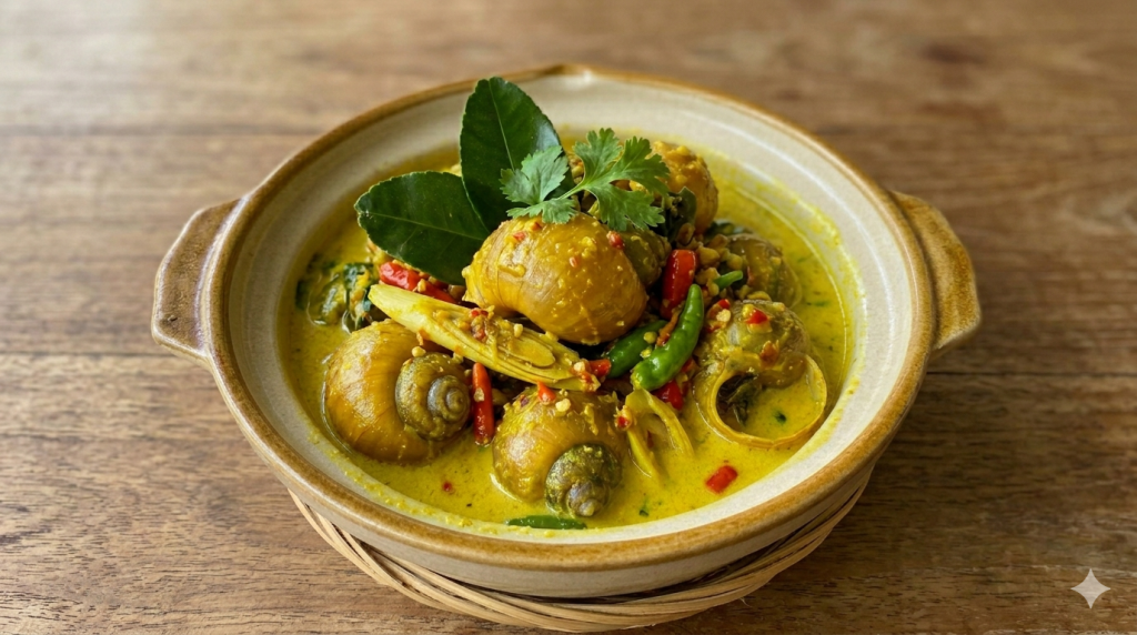 golden apple snail, gulai, masak lemak cili padi, AI